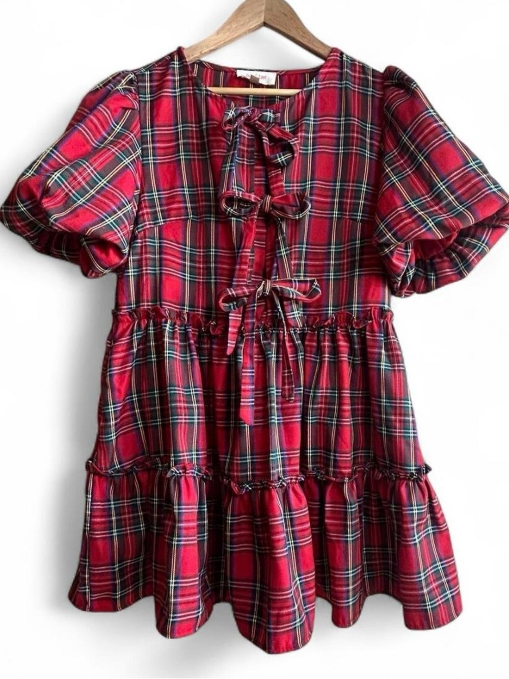 Peach Love Red Mini Bow Tie Plaid Puffed A Line Dress Size Small Coquette